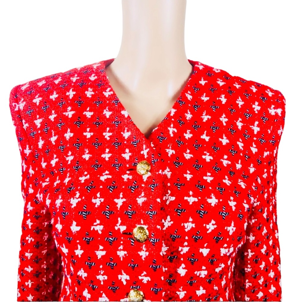 Doncaster multicolored red, white, black & silver metallic thread skirt suit szM - Picture 3 of 15